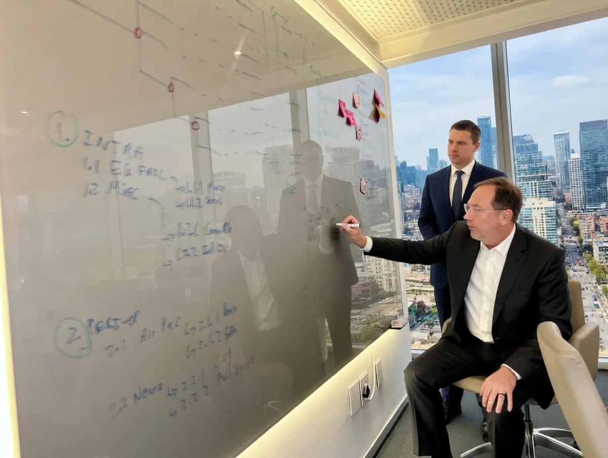 Digital2DNA team collaborating at a whiteboard in a high-rise office